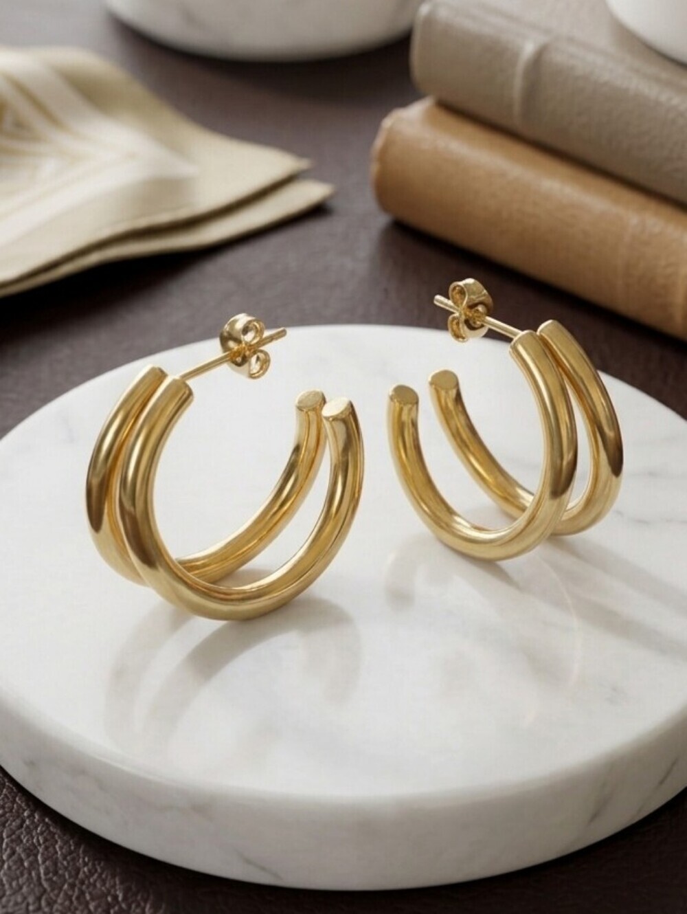 18K Gold Plated 316L Steel Chunky Double C Split Hoop Earrings 1" - Picture 16 of 16